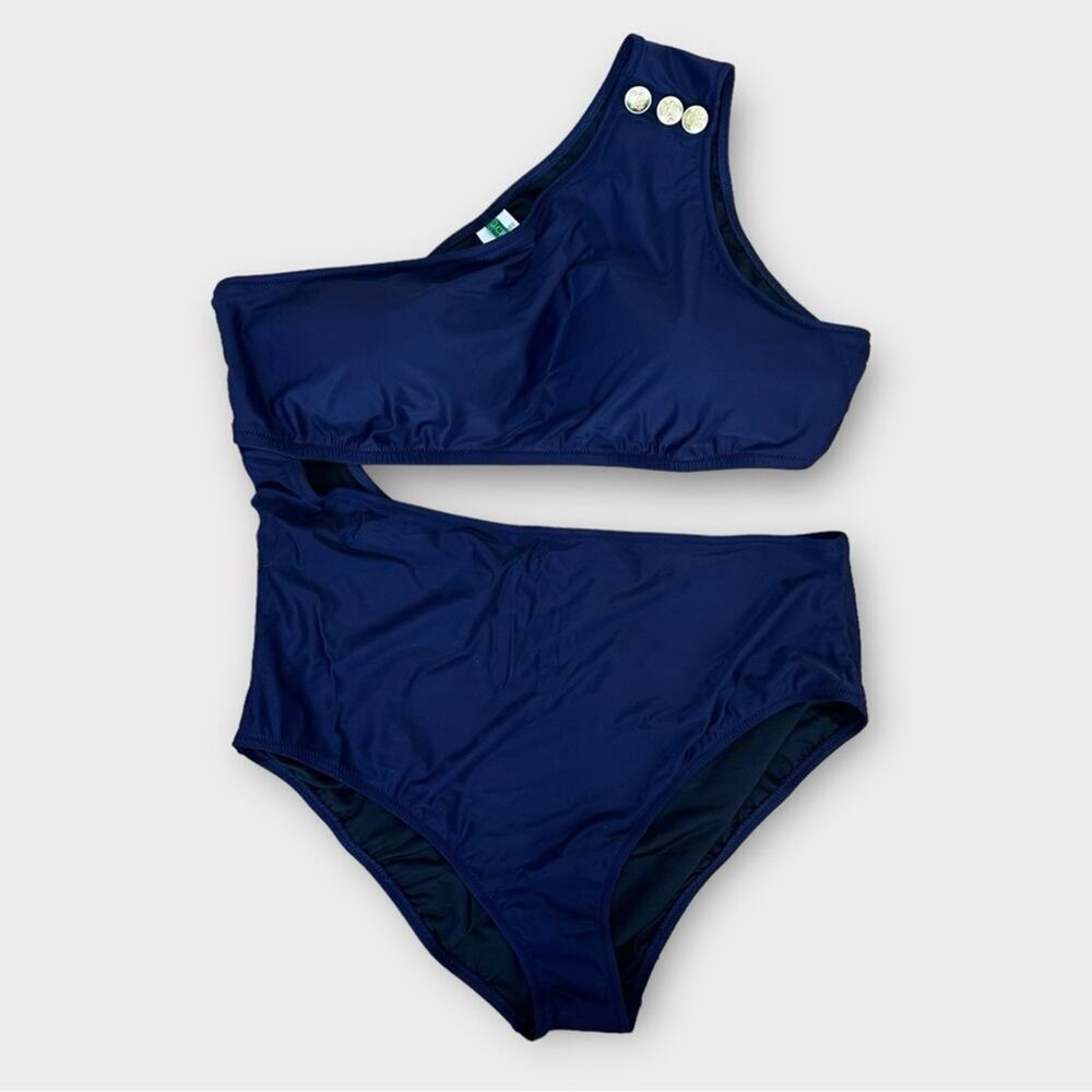 J. Crew Cut Out Full Coverage One Piece Swimsuit with Buttons Navy Size 22 - Picture 5 of 11